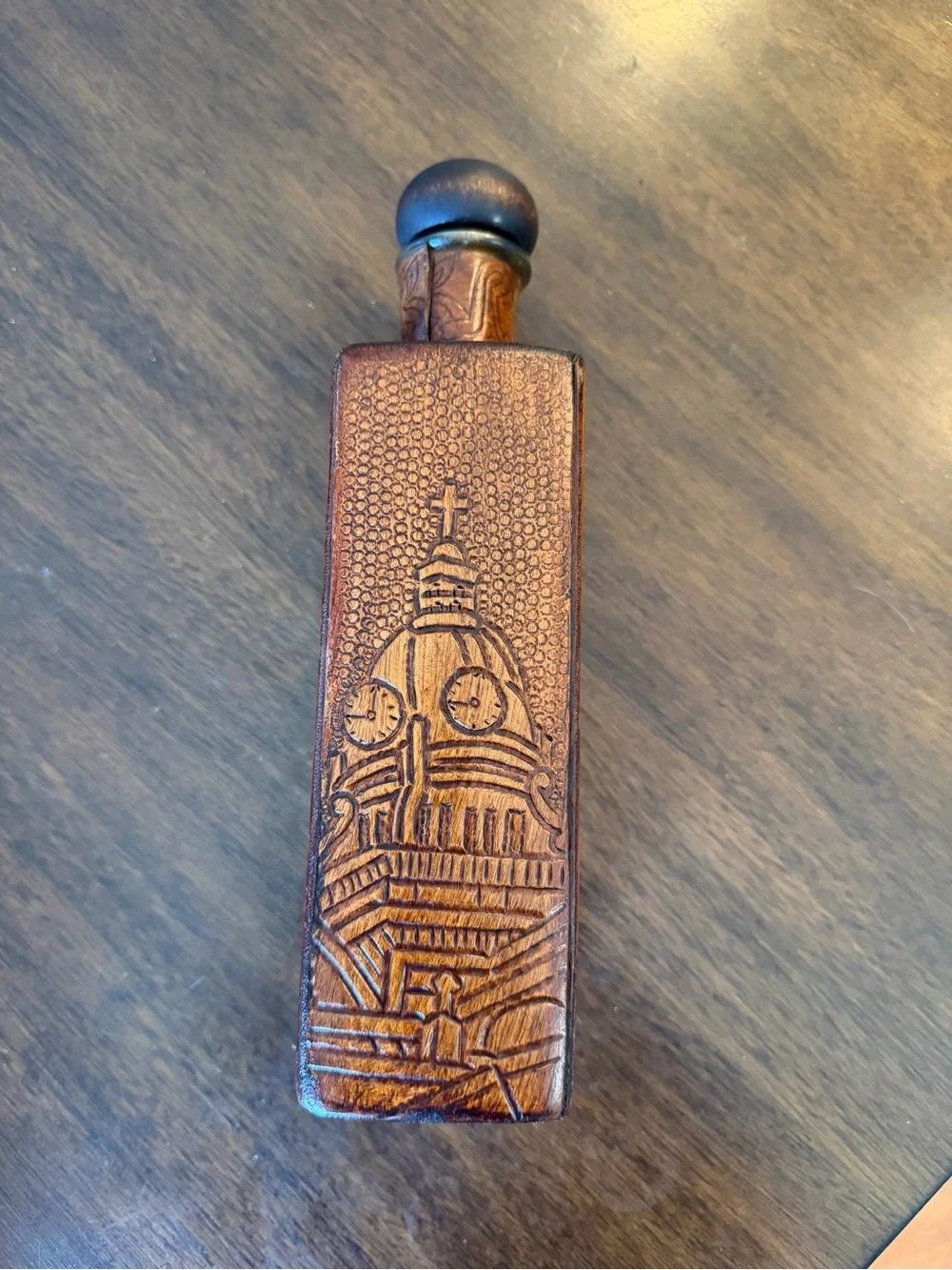 Handcrafted Ecuadorian Carved Brown Wooden Flask Bottle